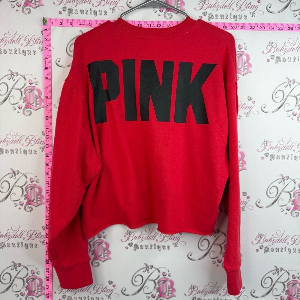 PINK Victoria's Secret sweater logo on back Red Button-Sleeve Cropped Sweatshirt - Picture 2 of 13